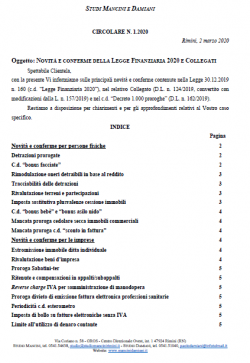 Circolare: novità e conferme dalla Legge Finanziaria 2020